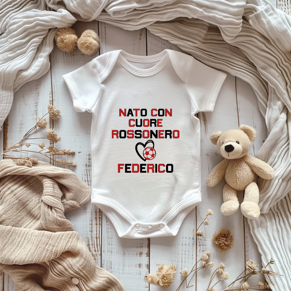 Body Neonato Milan “Nato con Cuore Rossonero” – Personalizzato con Nome