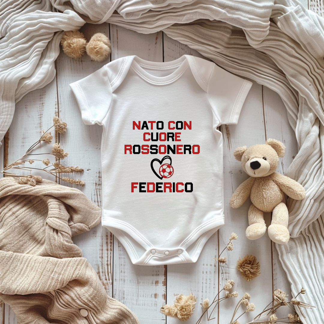 Body Neonato Milan “Nato con Cuore Rossonero” – Personalizzato con Nome