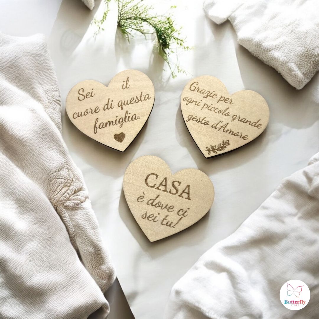 Set 3 Calamite in Legno a Forma di Cuore Con Dedica Festa della Mamma – Varianti Cuori Dolci/Allegri