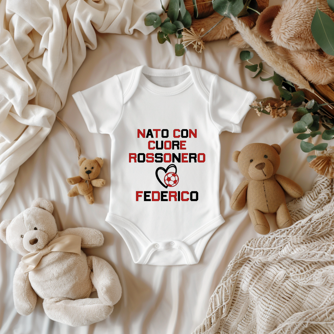 Body Neonato Milan “Nato con Cuore Rossonero” – Personalizzato con Nome