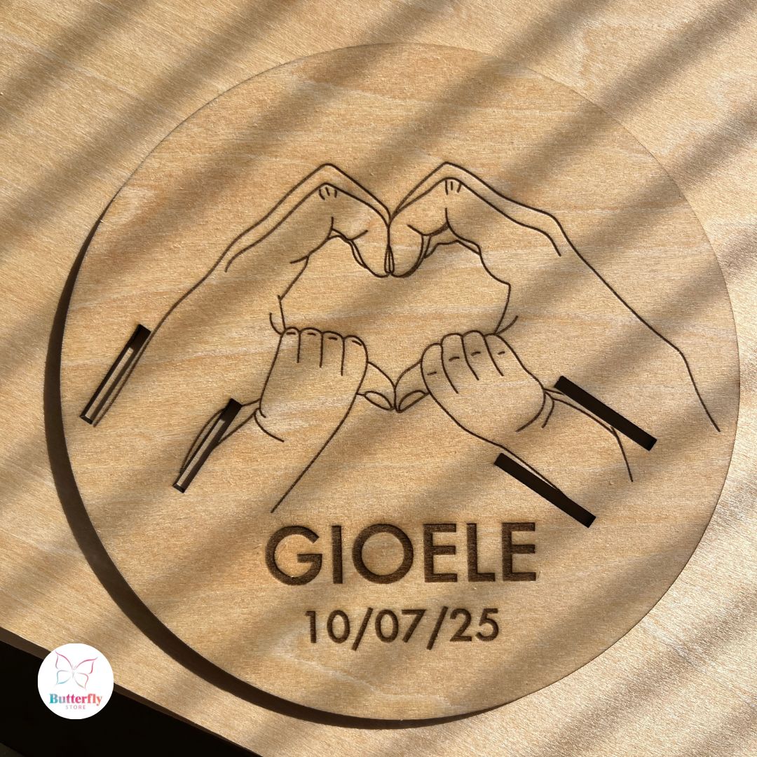 Targa Porta Bracciali Nascita In Legno Personalizzata - Mani Mamma E Neonato, Base Inclusa