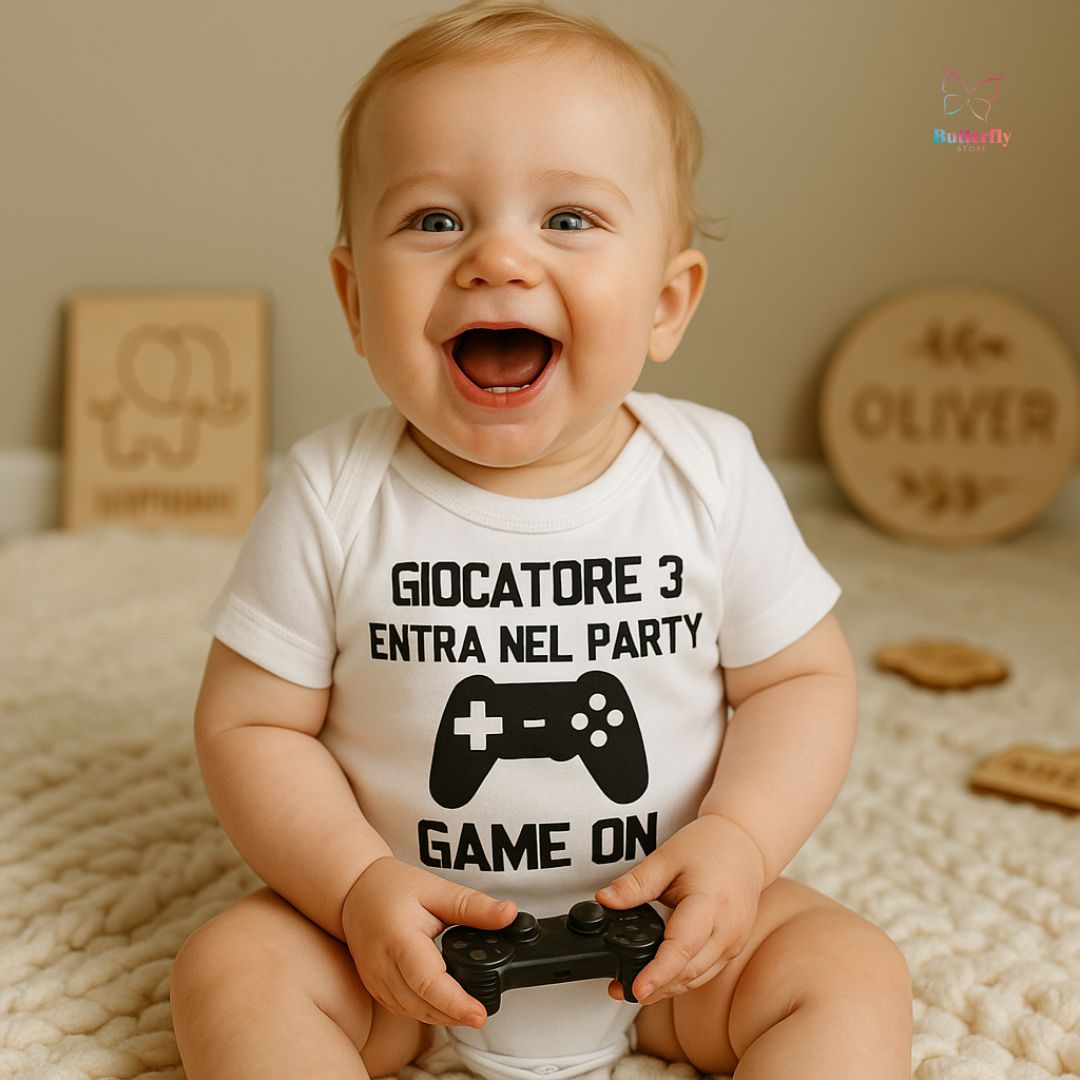 Body Neonato Divertente “Giocatore 3 Entra nel Party”, Personalizzabile - Regalo Nascita Gaming, Baby Gamer