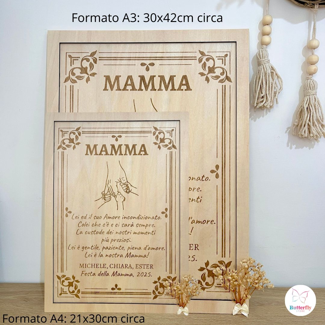 Quadro in Legno Personalizzato per la Festa della Mamma – Inciso a Laser con Dedica e Fiori Secchi
