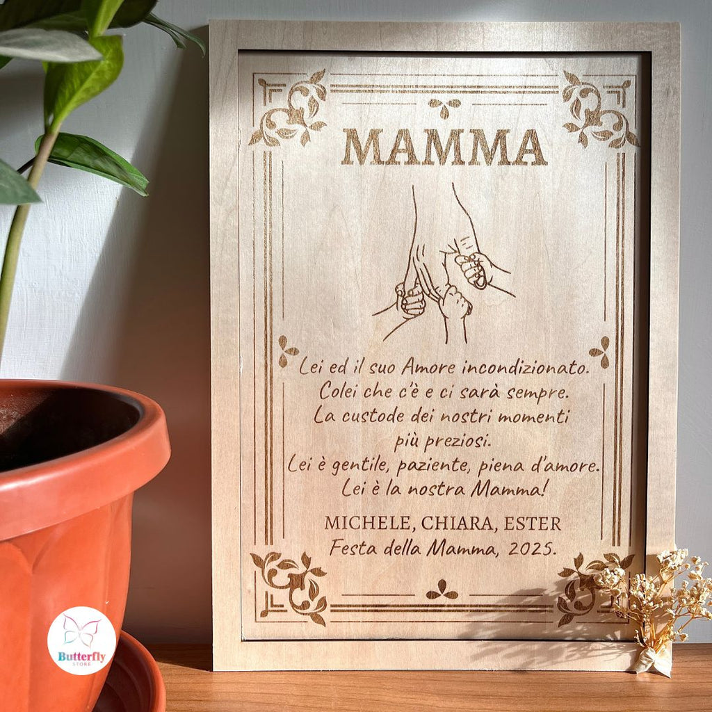 Set Regalo Personalizzato Festa della Mamma – Quadro in Legno Personalizzato A4 + Tazza con Nomi dei Figli