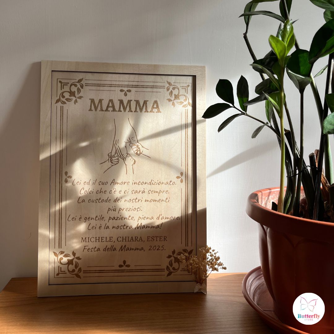Quadro in Legno Personalizzato per la Festa della Mamma – Inciso a Laser con Dedica e Fiori Secchi