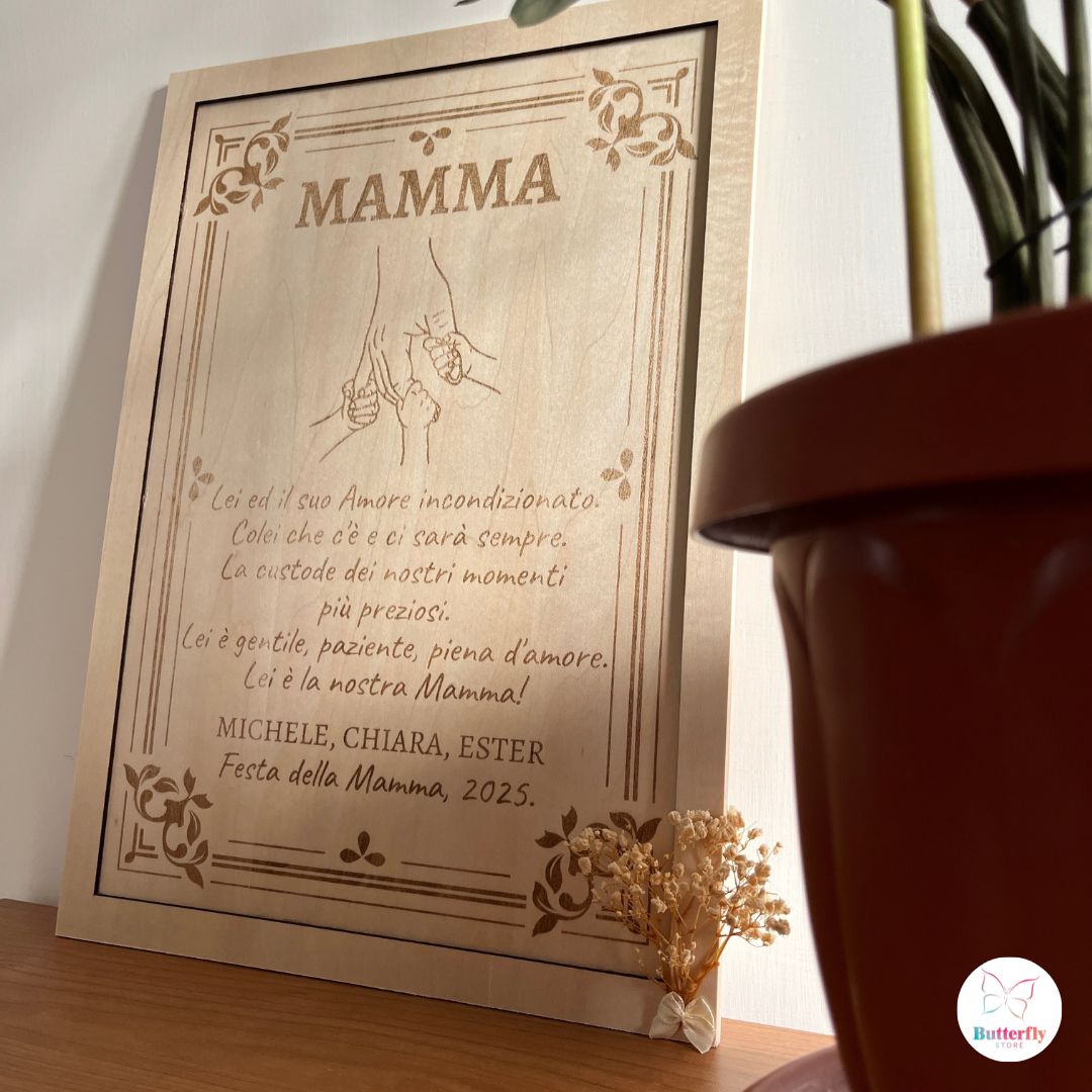 Set Regalo Personalizzato Festa della Mamma – Quadro in Legno Personalizzato A4 + Tazza con Nomi dei Figli