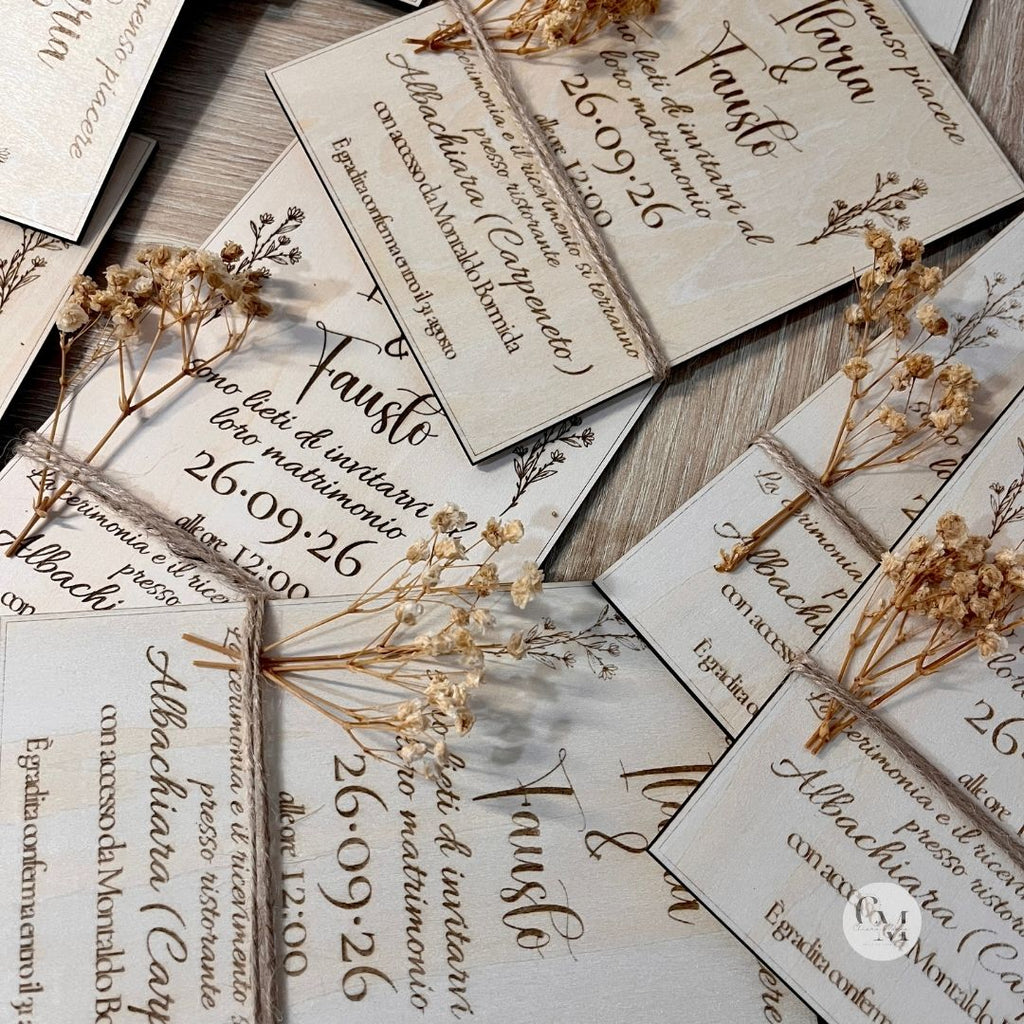 Inviti di Nozze in Legno Personalizzati con Gypsophila/Lavanda/Eucalipto