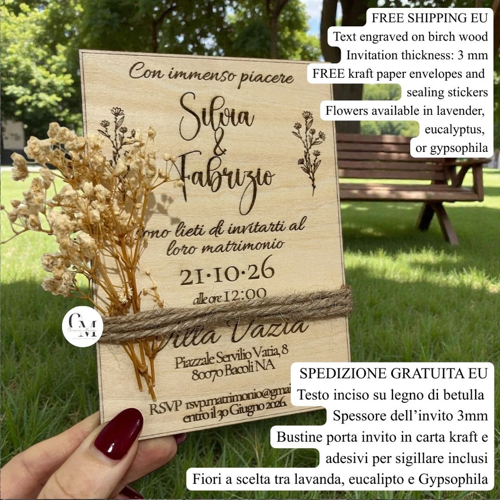 Inviti di Nozze in Legno Personalizzati con Gypsophila/Lavanda/Eucalipto