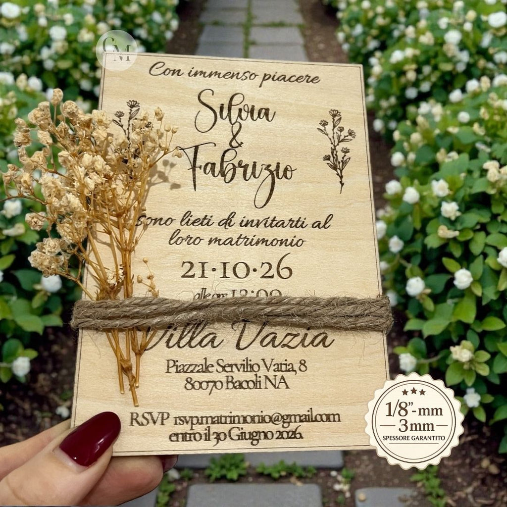 Inviti di Nozze in Legno Personalizzati con Gypsophila/Lavanda/Eucalipto