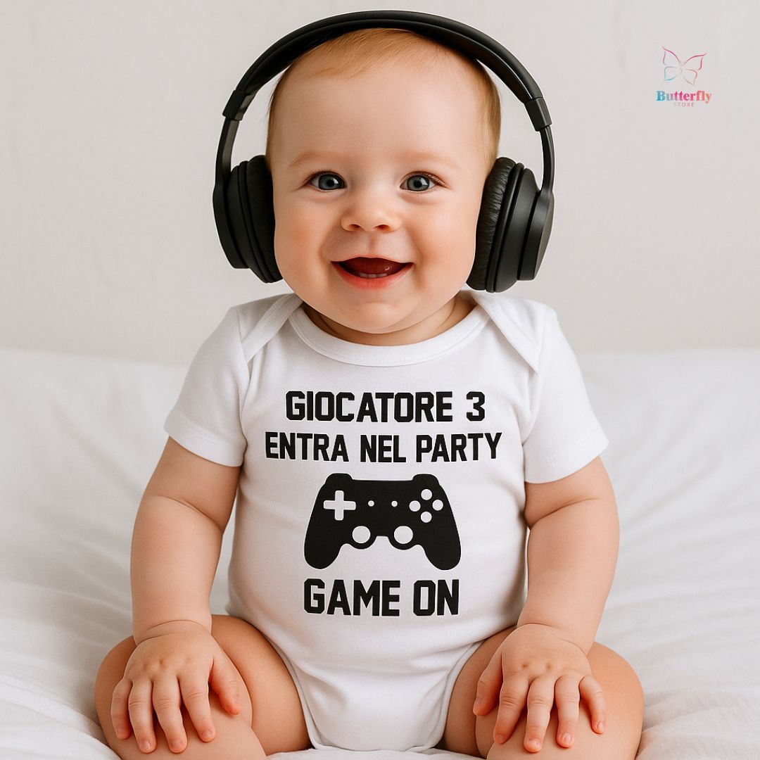 Body Neonato Divertente “Giocatore 3 Entra nel Party”, Personalizzabile - Regalo Nascita Gaming, Baby Gamer