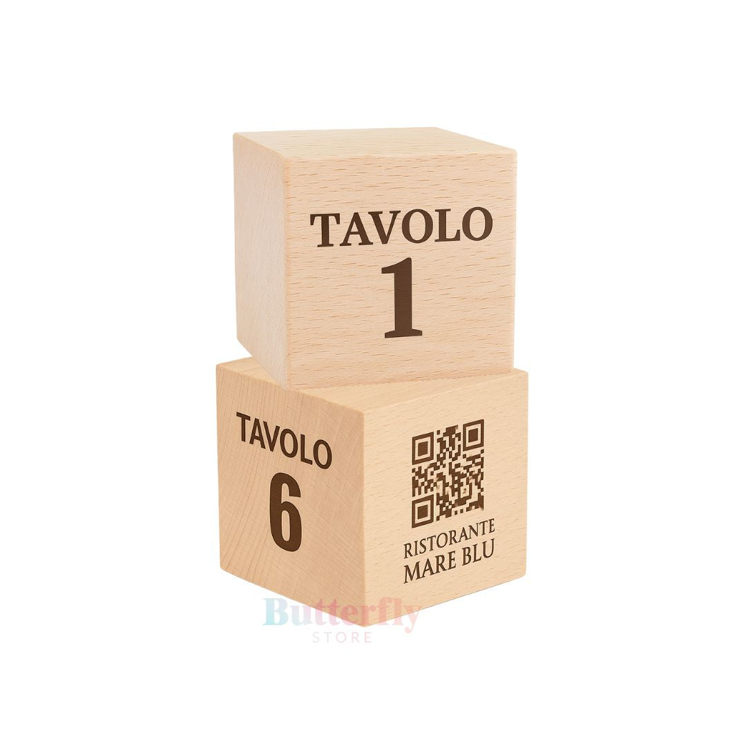 Cubo Segnatavolo in Legno Personalizzato con Logo Aziendale, QR Code, Wifi, Social Media, Numeri Tavoli