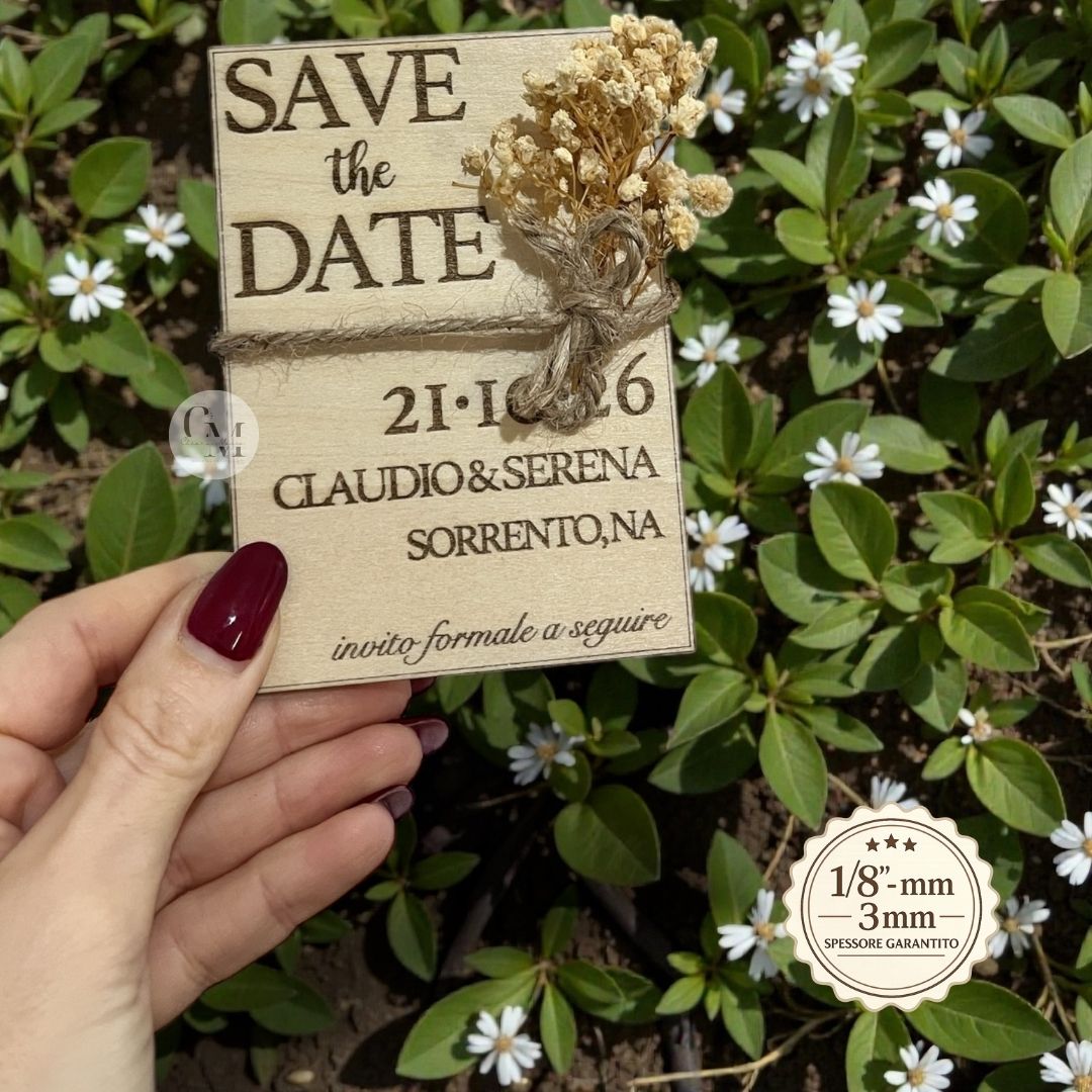 Magnete Save the Date in Legno Personalizzato con Gypsophila/Lavanda/Eucalipto
