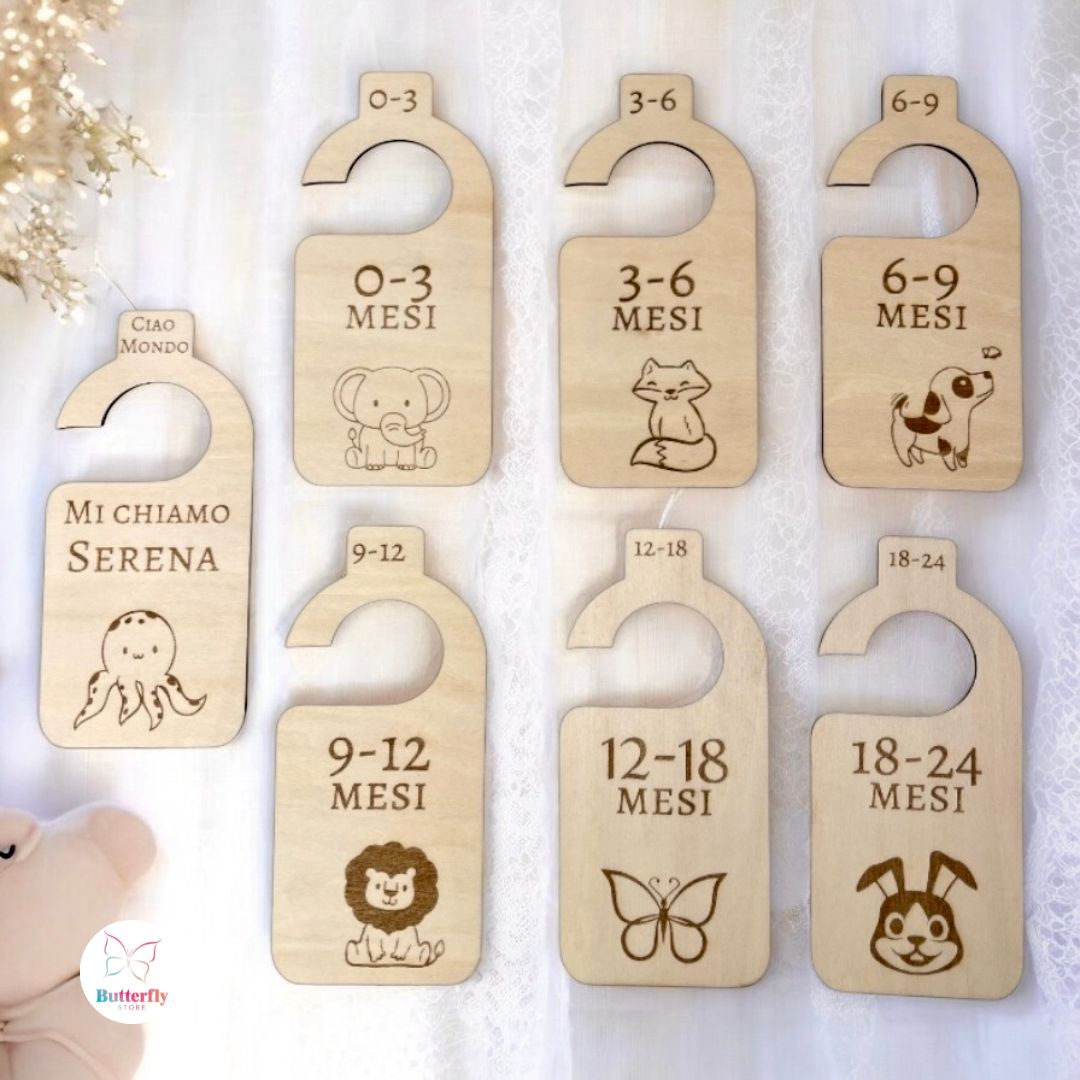 Set 7 Appendini Divisori In Legno Per Guardaroba Neonato - Personalizzato con Nome