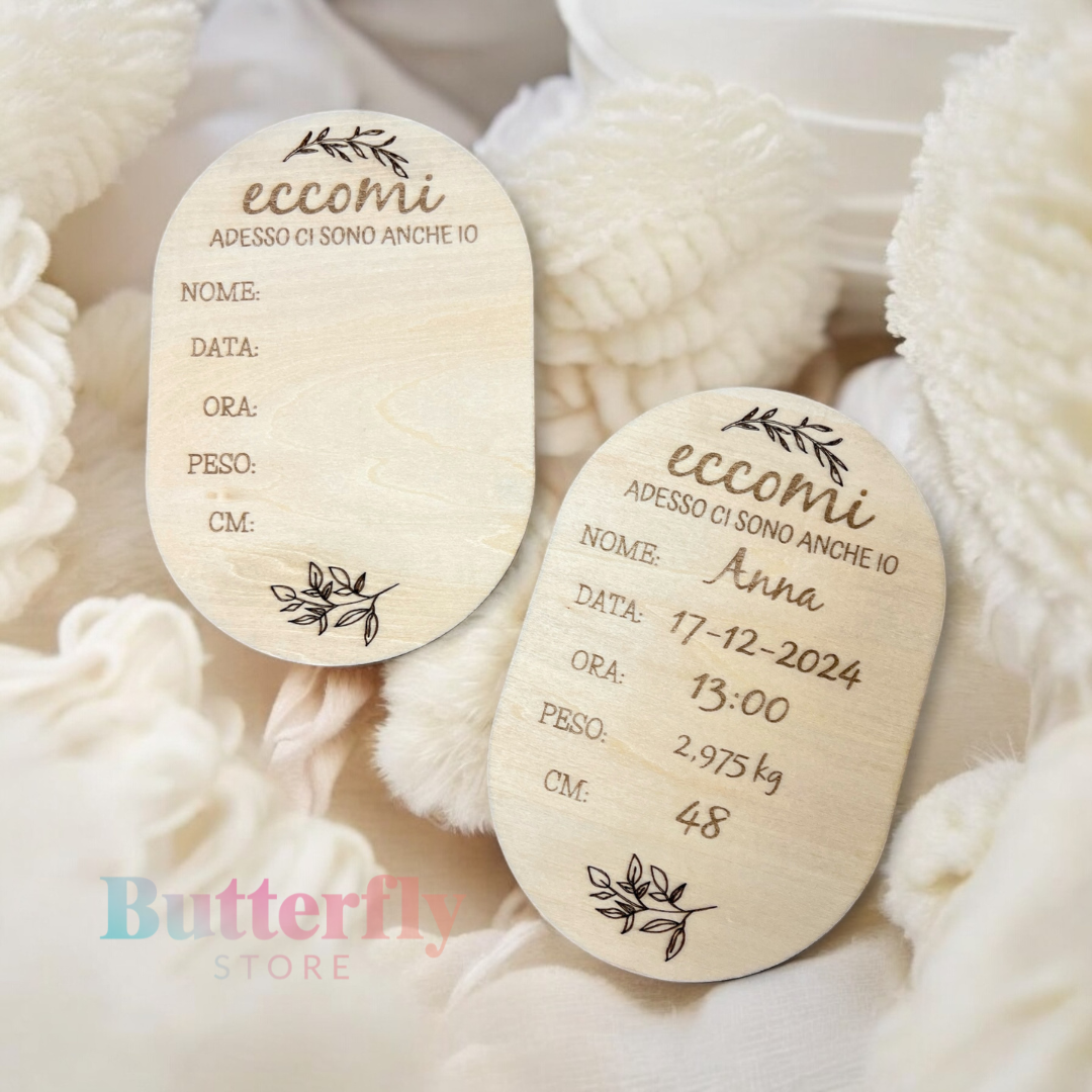 Targa Nascita Personalizzata In Legno con Opzione Calamita/Cordino in Juta