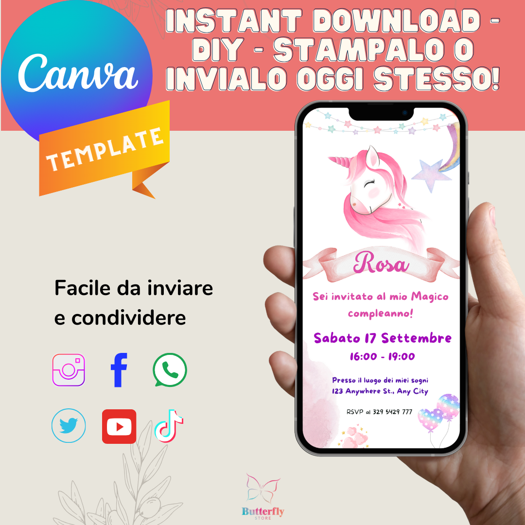File Digitale / Invito Di Compleanno Unicorno Digitale, Modificabile Canva