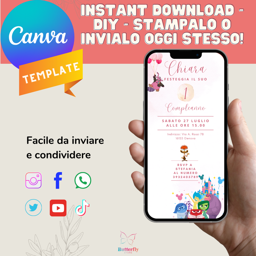 File Digitale / Invito Di Compleanno Inside Out Digitale Bimba, Modificabile Canva