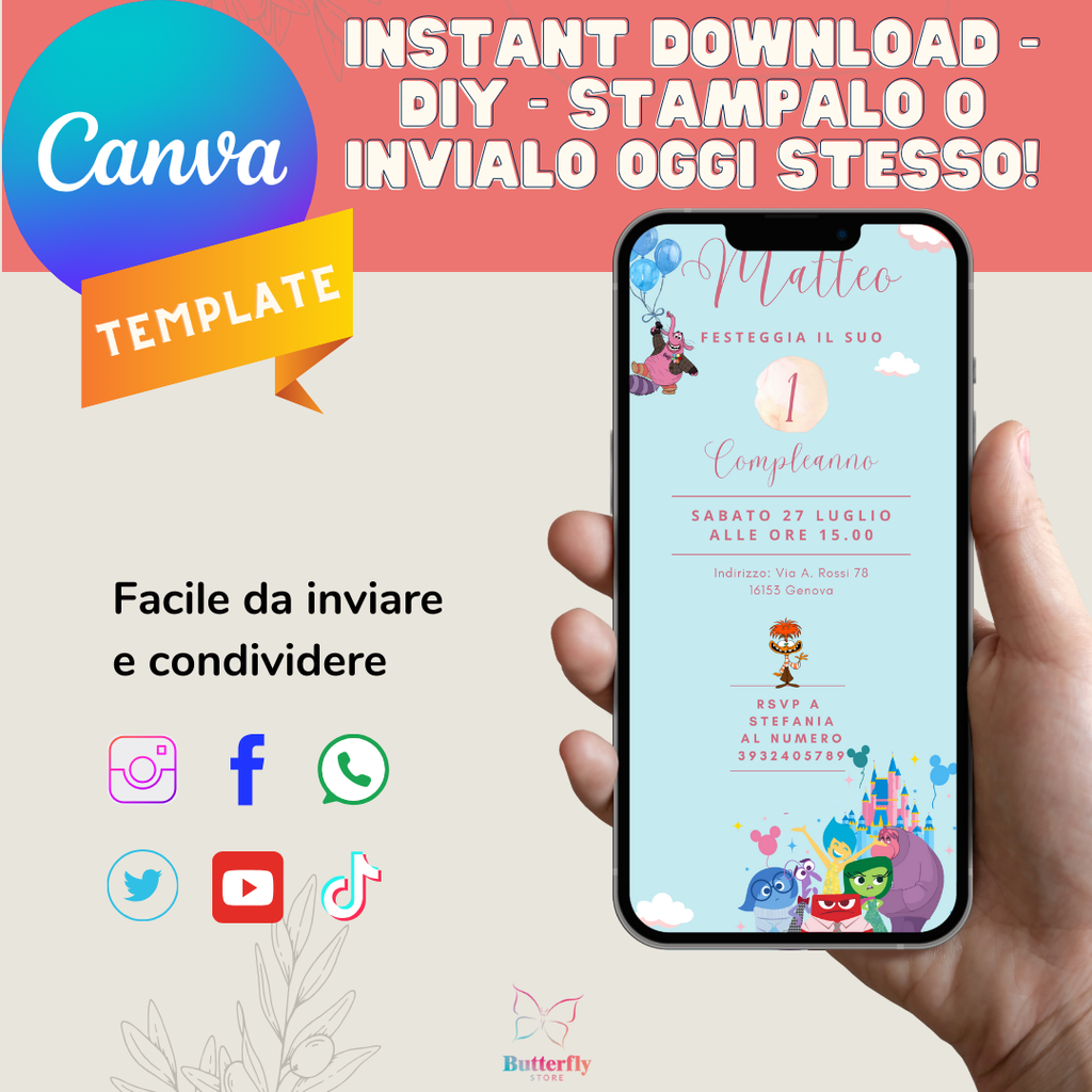 File Digitale / Invito Di Compleanno Inside Out Digitale Bimbo, Modificabile Canva