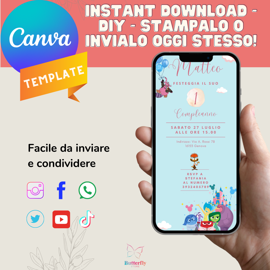 File Digitale / Invito Di Compleanno Inside Out Digitale Bimbo, Modificabile Canva