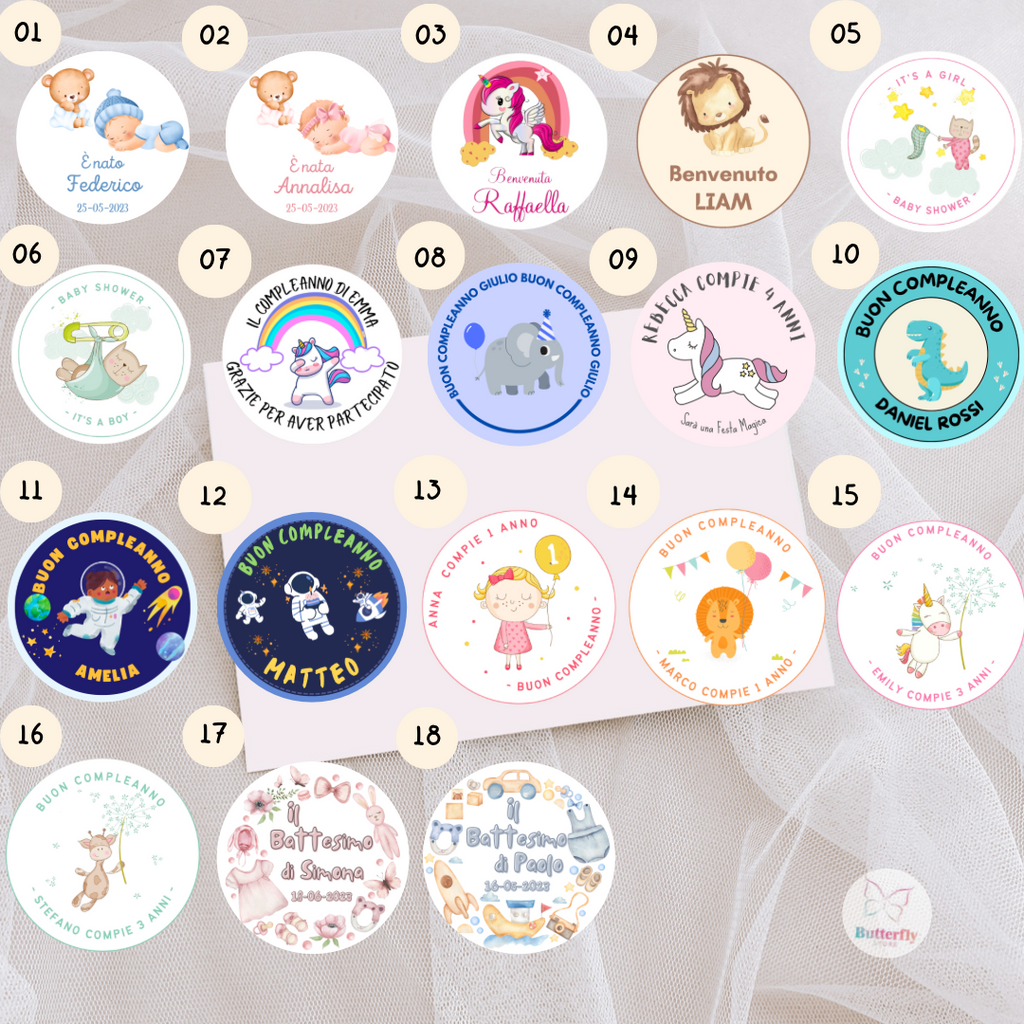 Adesivi Stickers Personalizzati Per Nascite, Baby Shower, Compleanni - Set di 50 o 100 Adesivi