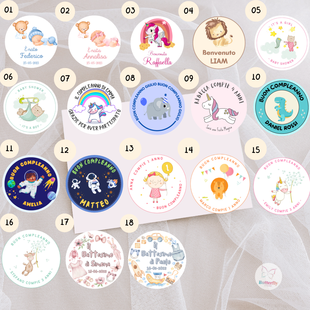 Adesivi Stickers Personalizzati Per Nascite, Baby Shower, Compleanni - Set di 50 o 100 Adesivi