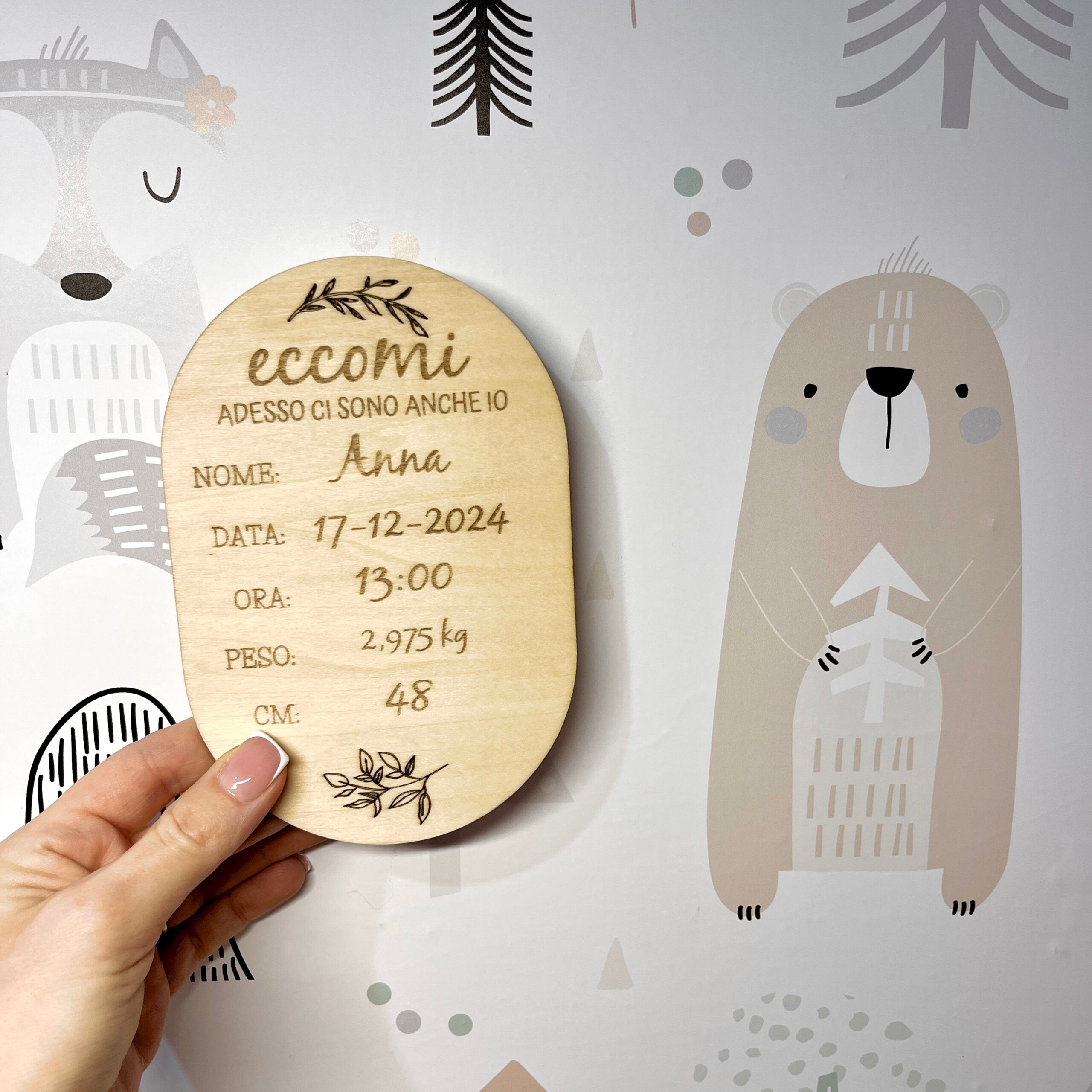 Targa Nascita Personalizzata In Legno con Opzione Calamita/Cordino in Juta