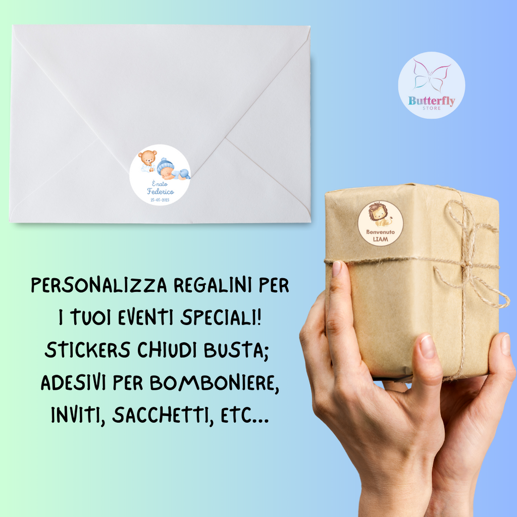 Adesivi Stickers Personalizzati Per Nascite, Baby Shower, Compleanni - Set di 50 o 100 Adesivi