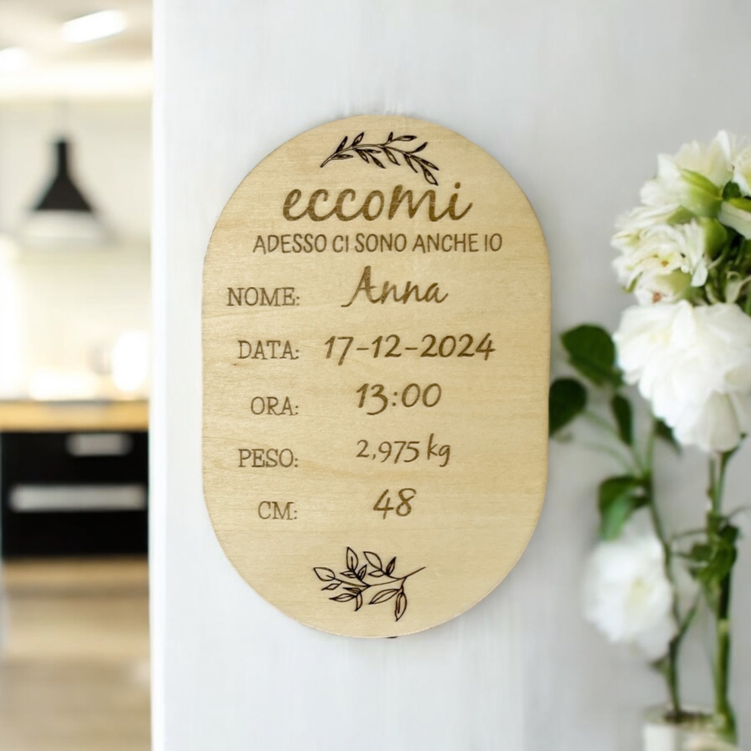 Targa Nascita Personalizzata In Legno con Opzione Calamita/Cordino in Juta