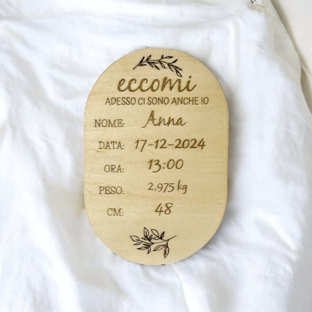 Targa Nascita Personalizzata In Legno con Opzione Calamita/Cordino in Juta