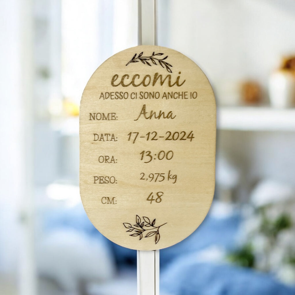 Targa Nascita Personalizzata In Legno con Opzione Calamita/Cordino in Juta