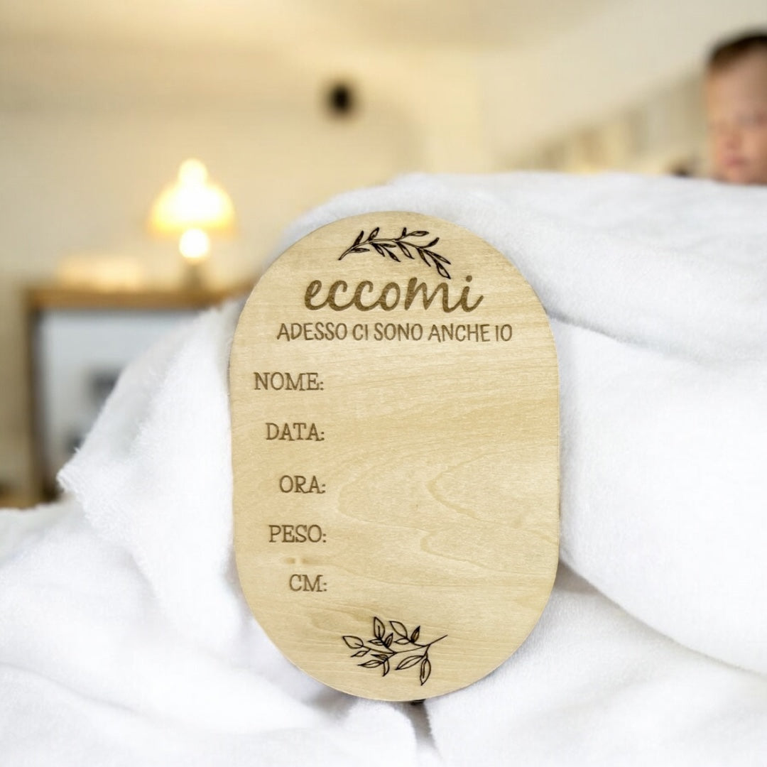 Targa Nascita Personalizzata In Legno con Opzione Calamita/Cordino in Juta