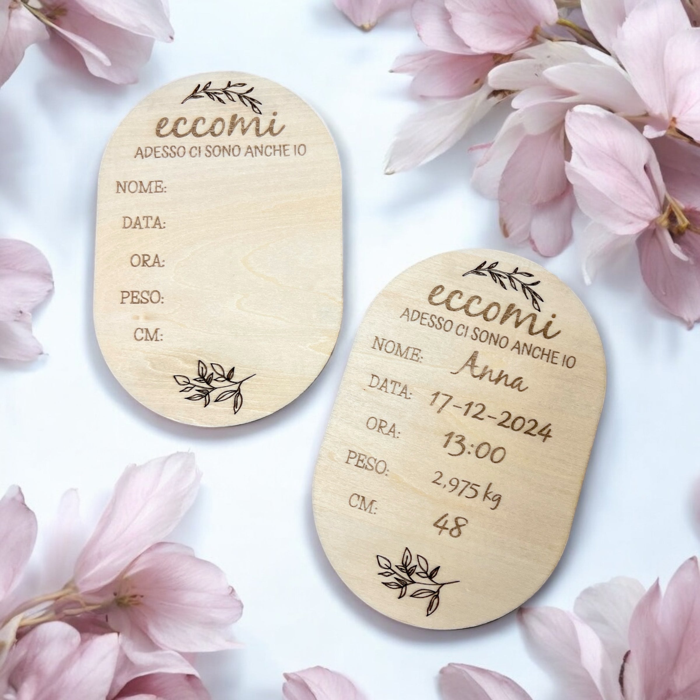 Targa Nascita Personalizzata In Legno con Opzione Calamita/Cordino in Juta