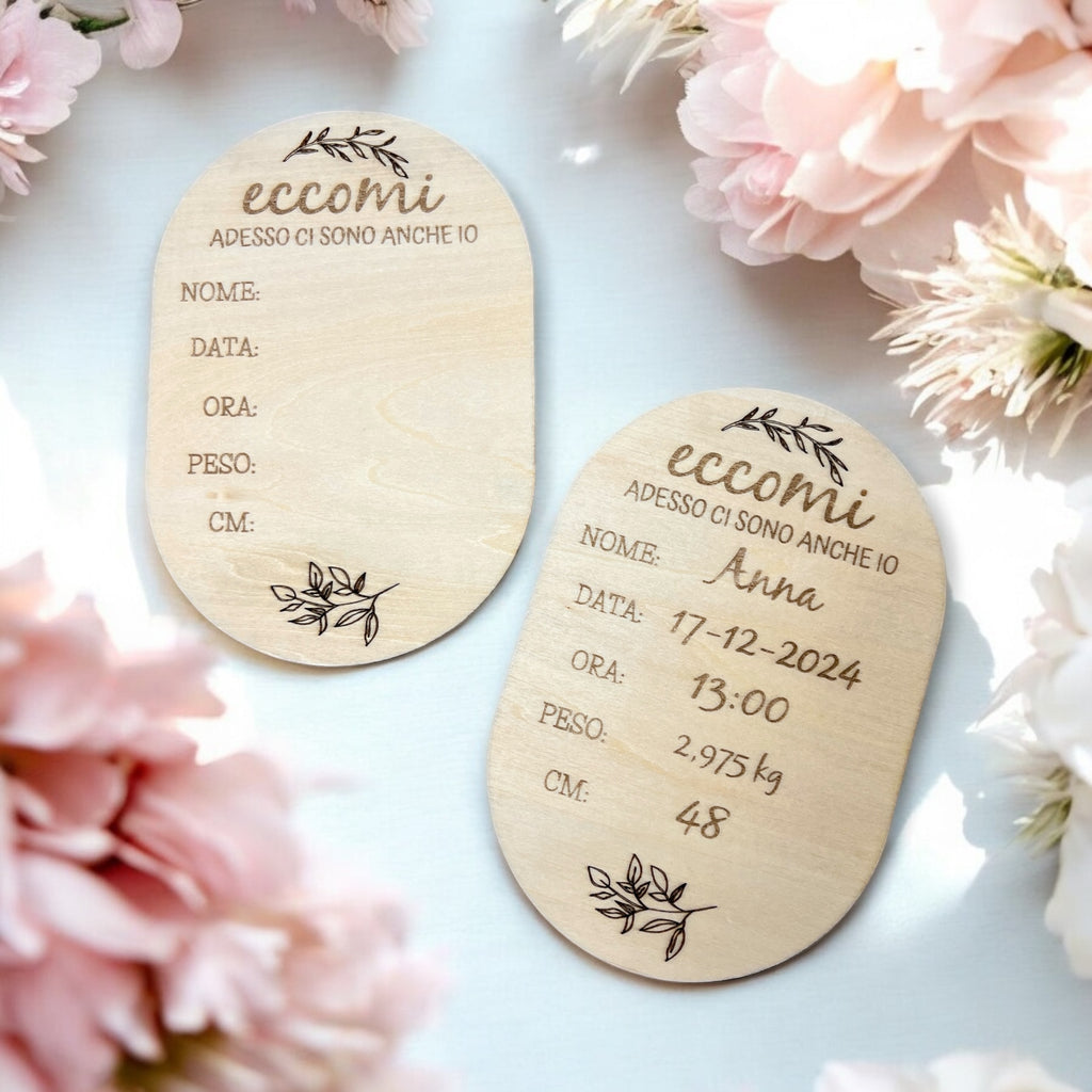Targa Nascita Personalizzata In Legno con Opzione Calamita/Cordino in Juta