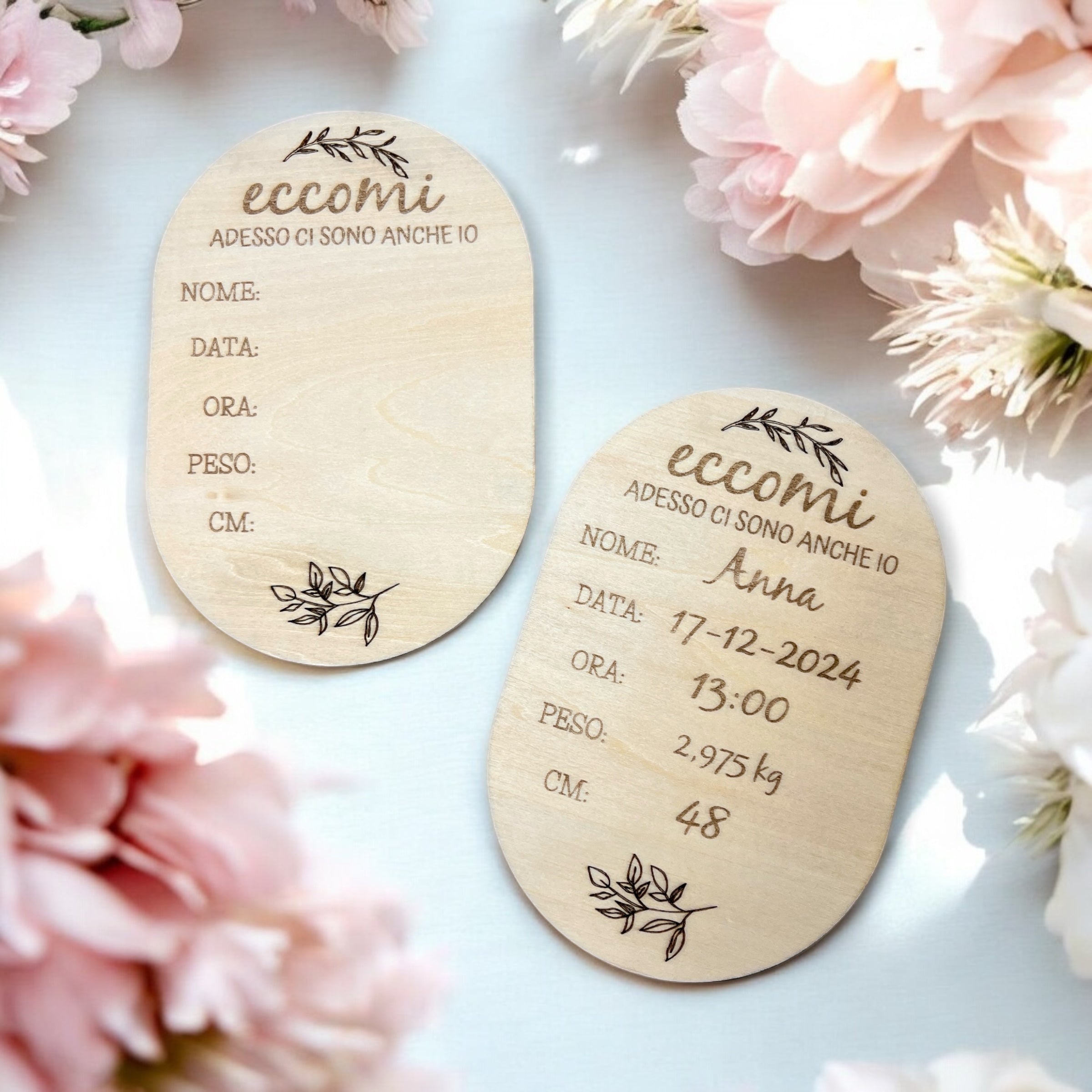 Targa Nascita Personalizzata In Legno con Opzione Calamita/Cordino in Juta