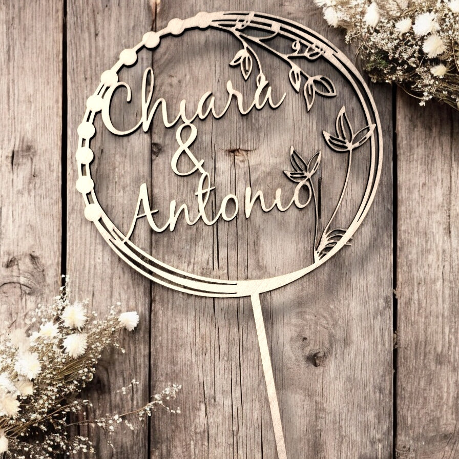 Cake Topper Boho Personalizzato in Legno con Nomi, Topper Nozze, Compleanni, Evento Speciale