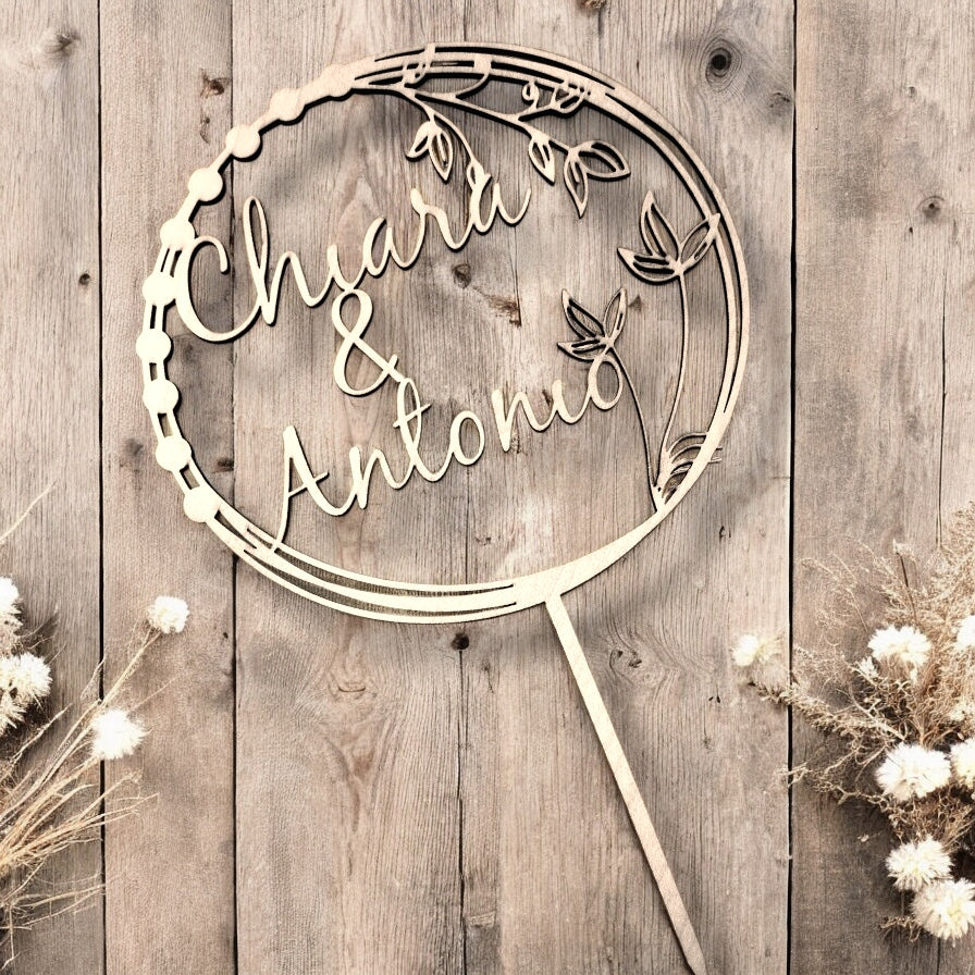 Cake Topper Boho Personalizzato in Legno con Nomi, Topper Nozze, Compleanni, Evento Speciale