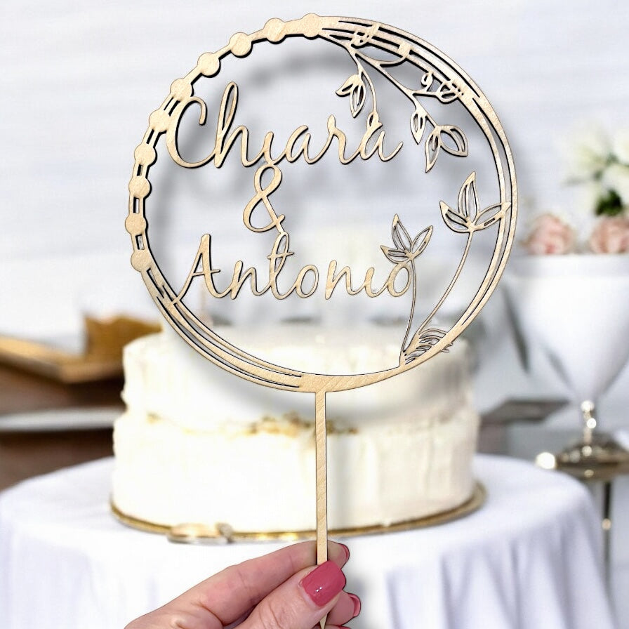 Cake Topper Boho Personalizzato in Legno con Nomi, Topper Nozze, Compleanni, Evento Speciale