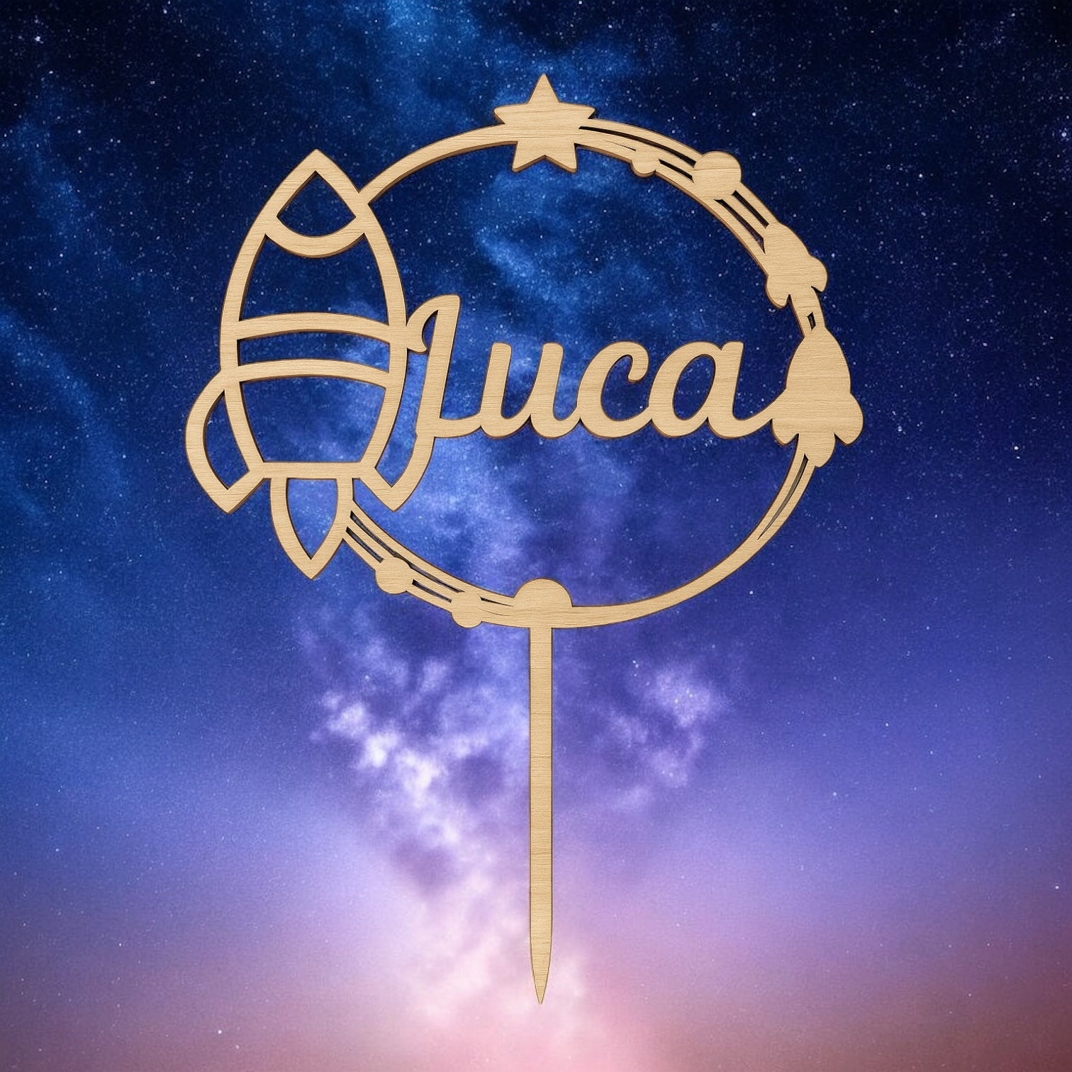 Cake Topper In Legno Personalizzato Con Nome Compleanno Bambini Tema Spazio