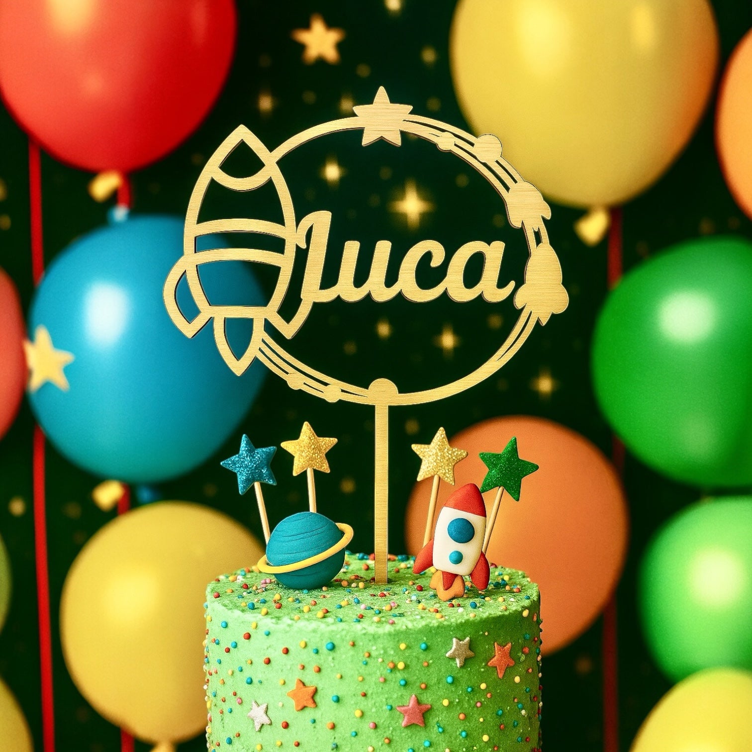 Cake Topper In Legno Personalizzato Con Nome Compleanno Bambini Tema Spazio