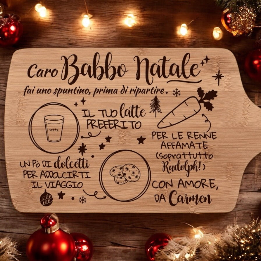 Vassoio di Natale per Babbo Natale, Personalizzabile con Nome – Tagliere in Bambù con Manico