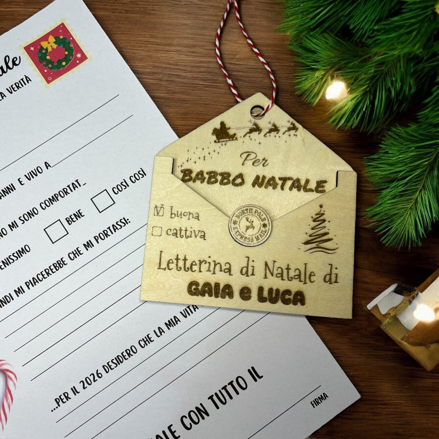 Busta Porta Lettera in legno per Babbo Natale, con Nome – Letterina Natalizia Inclusa