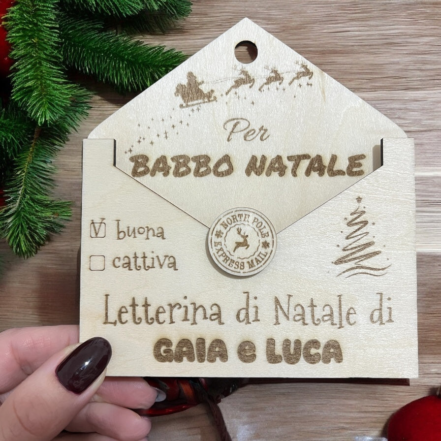 Busta Porta Lettera in legno per Babbo Natale, con Nome – Letterina Natalizia Inclusa