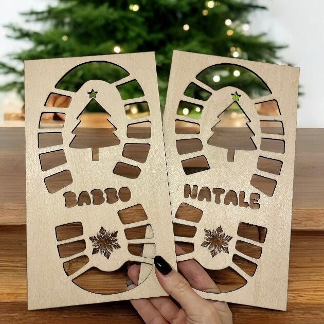 Stencil Impronte di Babbo Natale in Legno – Set da 2 Sagome Natalizie