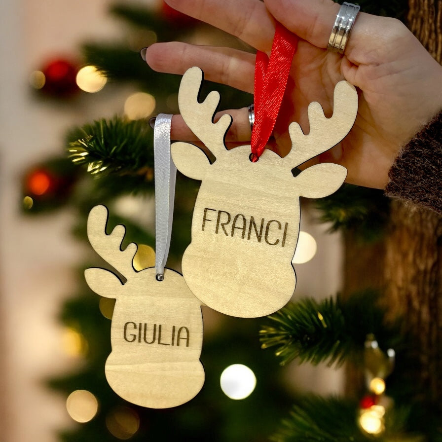 Decorazione Natalizia Renna in Legno con Nome, Etichetta Calza Befana, Ornamento Albero Stile Scandinavo, Segnaposto Tavola di Natale