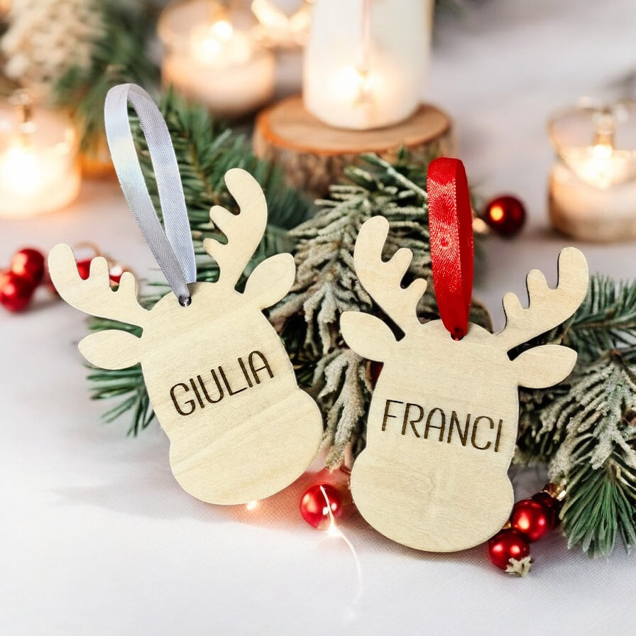 Decorazione Natalizia Renna in Legno con Nome, Etichetta Calza Befana, Ornamento Albero Stile Scandinavo, Segnaposto Tavola di Natale