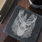 Sottobicchiere Quadrato in Ardesia Nera con Cervo Inciso