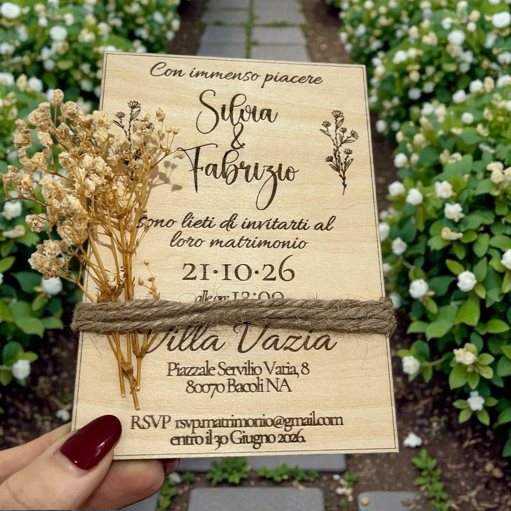 Inviti di Nozze in Legno Personalizzati con Gypsophila/Lavanda/Eucalipto