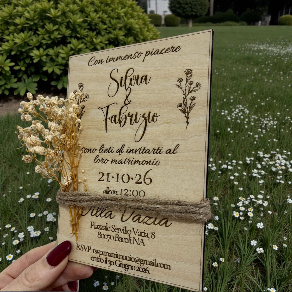 Inviti di Nozze in Legno Personalizzati con Gypsophila/Lavanda/Eucalipto