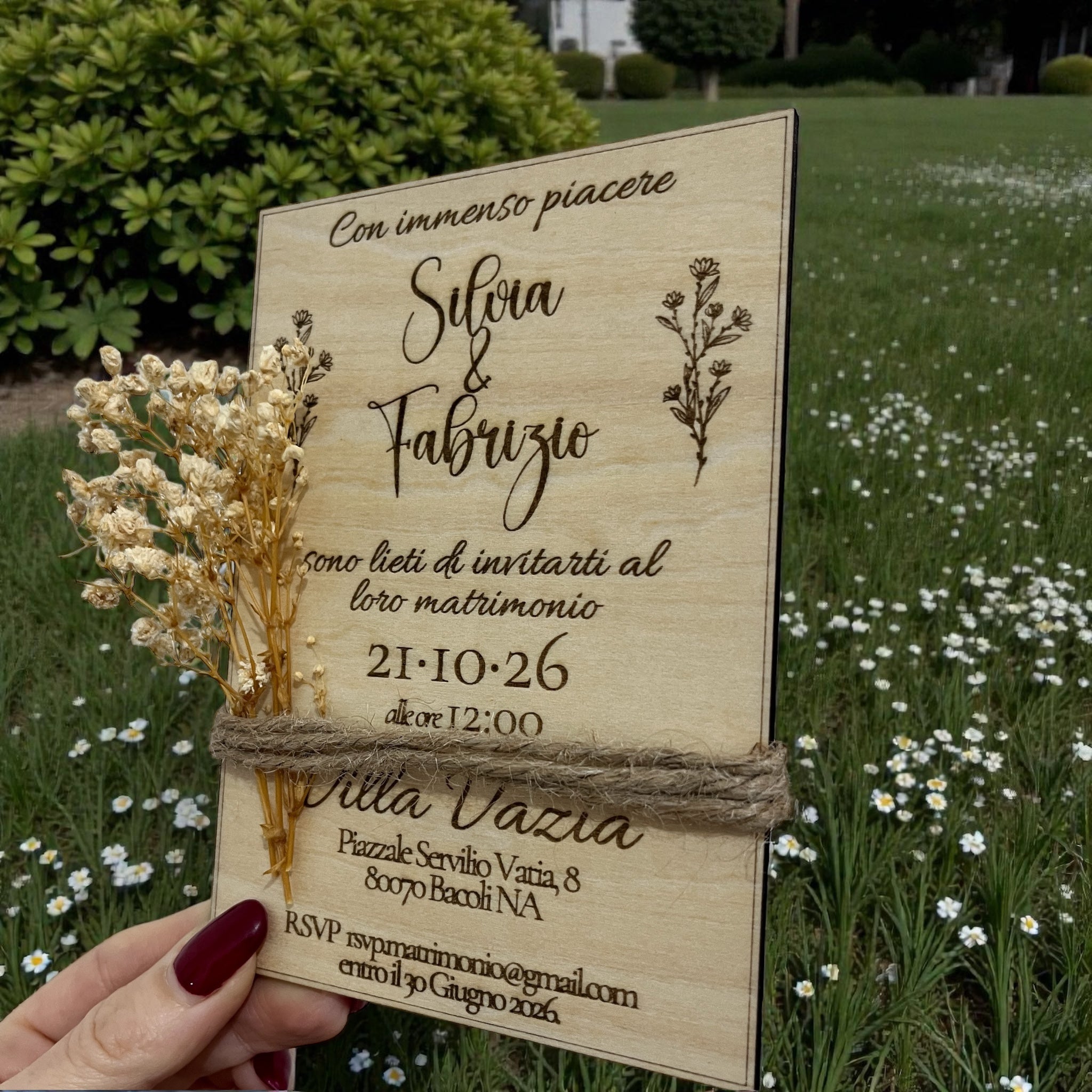Inviti di Nozze in Legno Personalizzati con Gypsophila/Lavanda/Eucalipto
