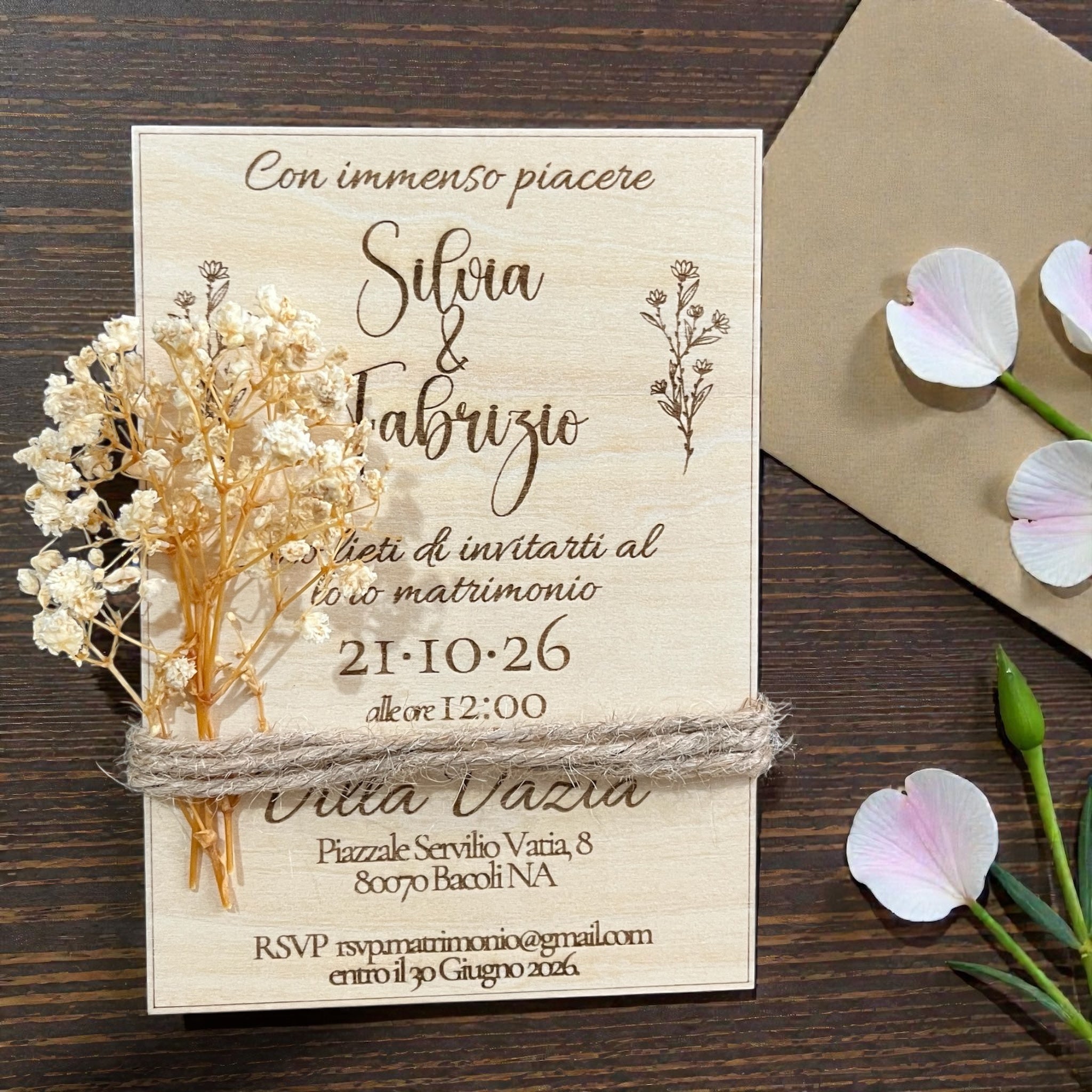 Inviti di Nozze in Legno Personalizzati con Gypsophila/Lavanda/Eucalipto