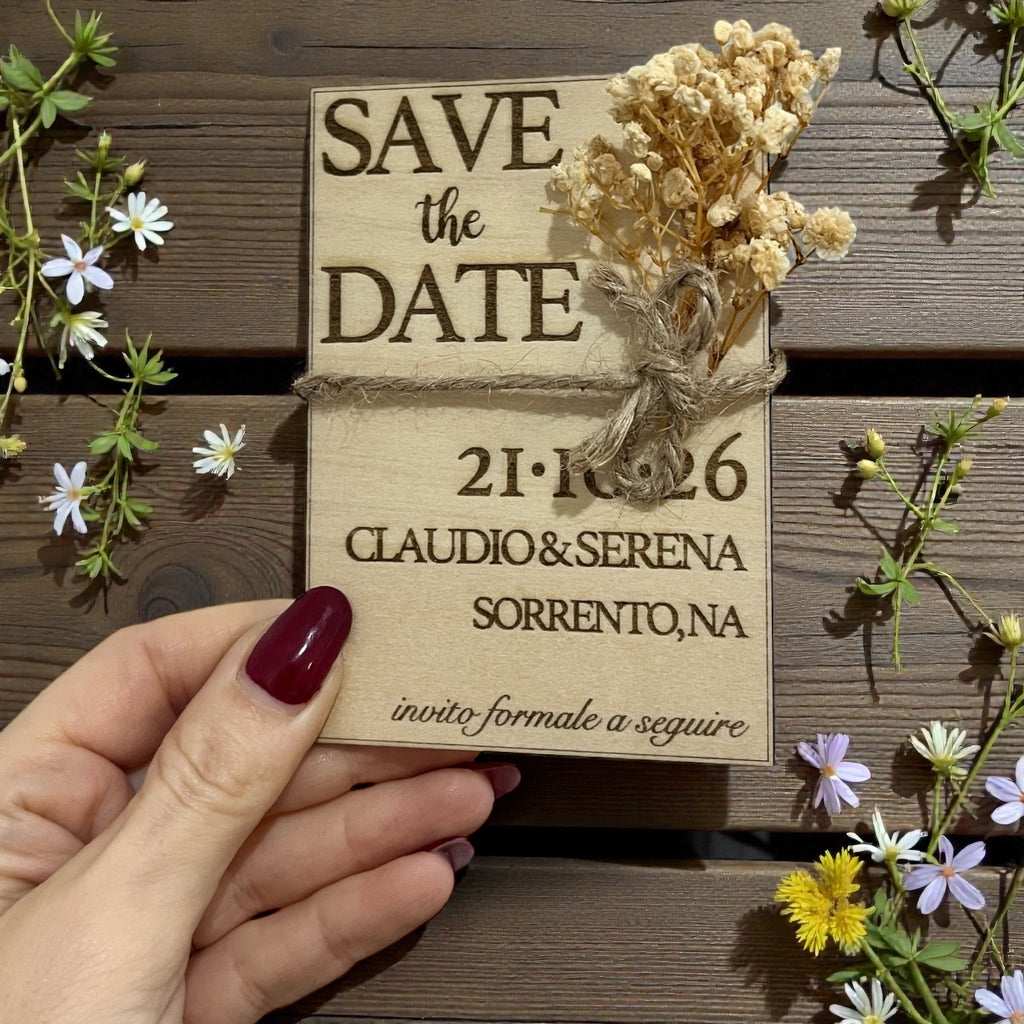 Magnete Save the Date in Legno Personalizzato con Gypsophila/Lavanda/Eucalipto